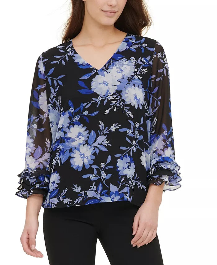 Blusa Calvin Klein Feminina Estampada Manga Babados Azul Brilhante Tamanho Grande