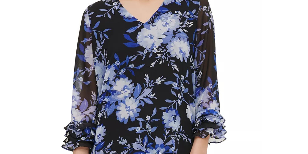 Blusa Calvin Klein Feminina Estampada Manga Babados Azul Brilhante Tamanho Grande