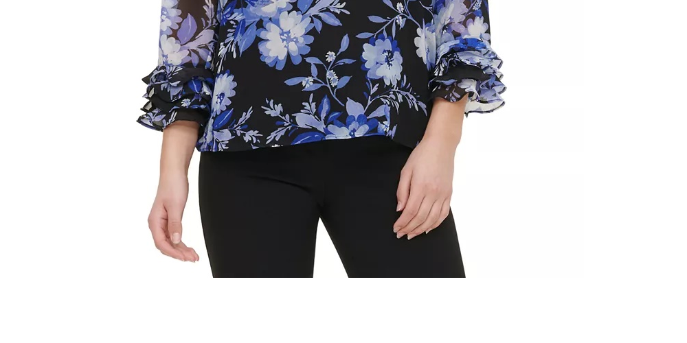 Blusa Calvin Klein Feminina Estampada Manga Babados Azul Brilhante Tamanho Grande