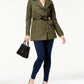 Michael Kors Trench Coat Feminino com Cinto e Zíper Frontal, Verde Oliva, Tamanho Médio