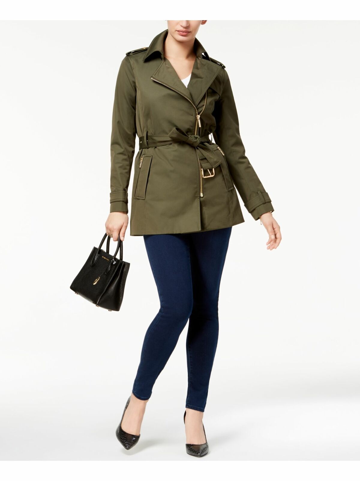 Michael Kors Trench Coat Feminino com Cinto e Zíper Frontal, Verde Oliva, Tamanho Médio