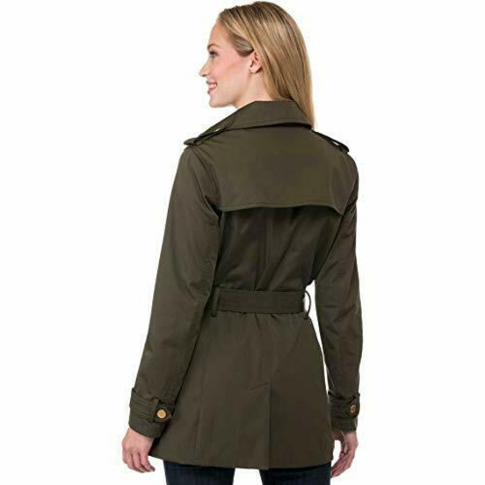 Michael Kors Trench Coat Feminino com Cinto e Zíper Frontal, Verde Oliva, Tamanho Médio