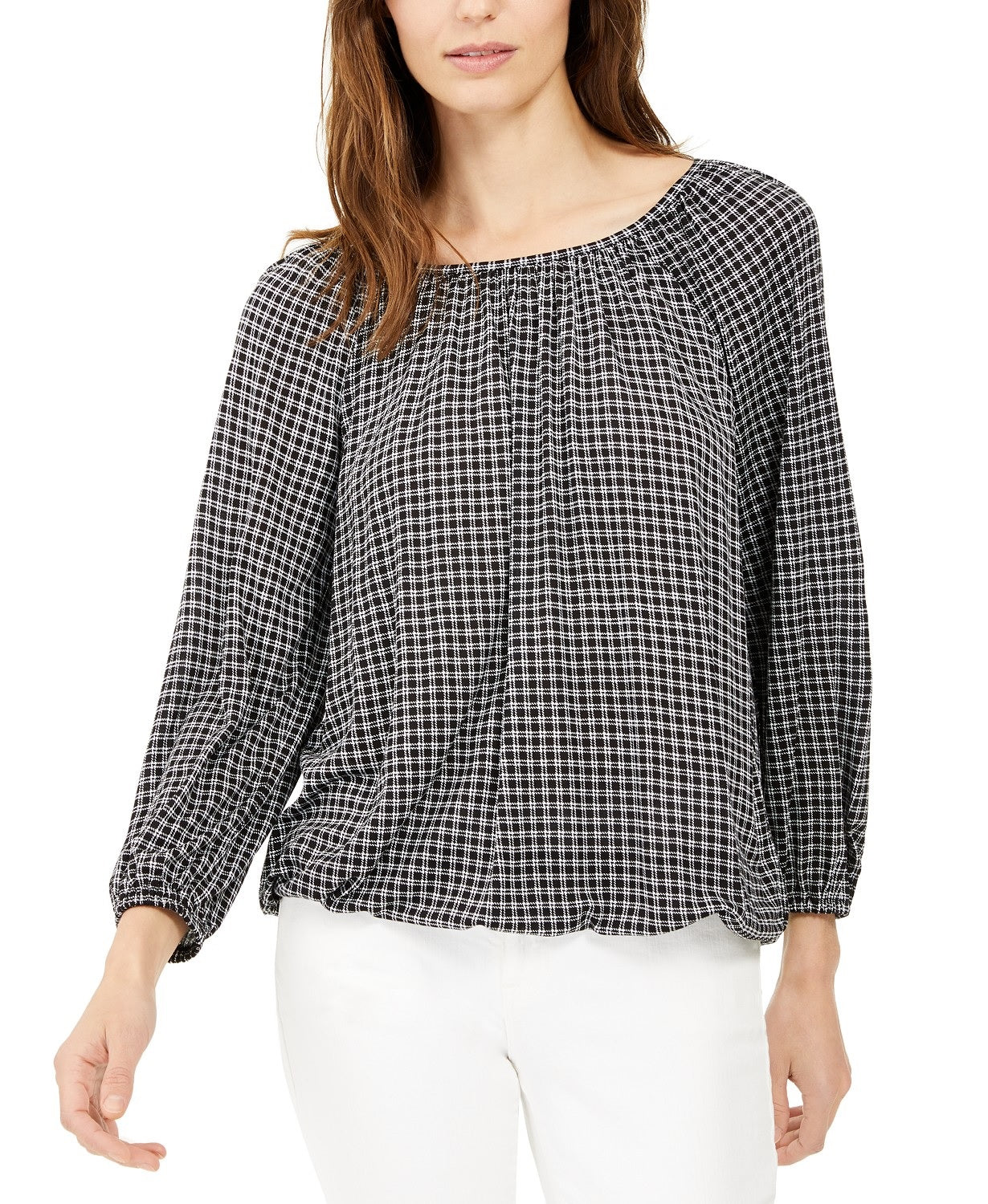 Blusa camponesa com estampa xadrez feminina Michael Kors Regular e Petite, preta, tamanho grande