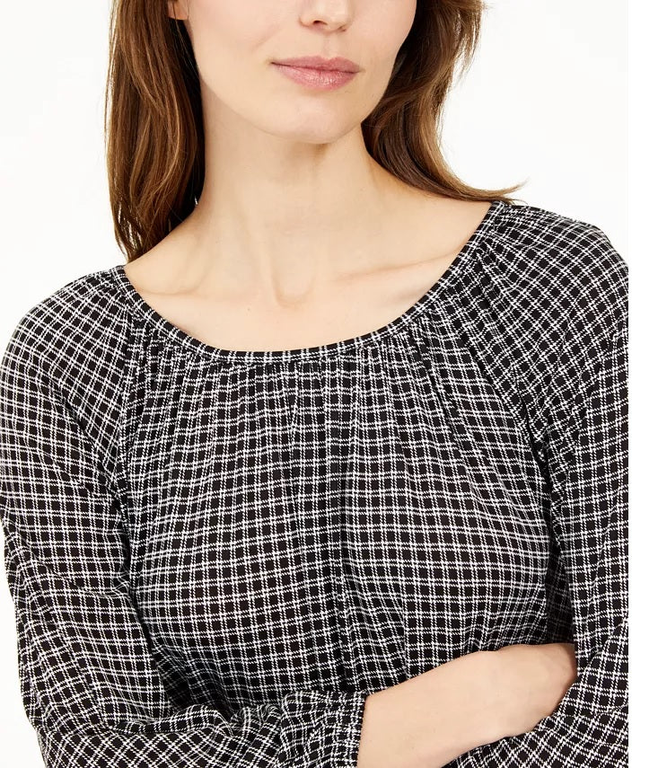 Blusa camponesa com estampa xadrez feminina Michael Kors Regular e Petite, preta, tamanho grande