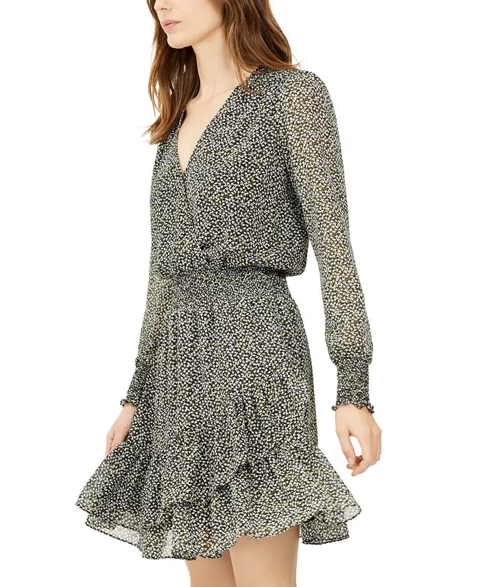 Vestido envelope falso com estampa floral feminino Michael Kors, verde, tamanho médio