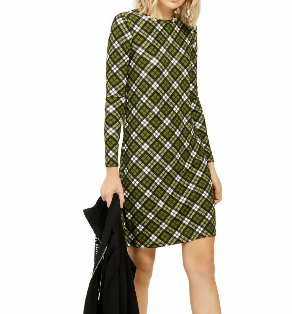 Vestido feminino Michael Kors xadrez verde, manga comprida, comprimento até o joelho, tamanho P, verde, tamanho P