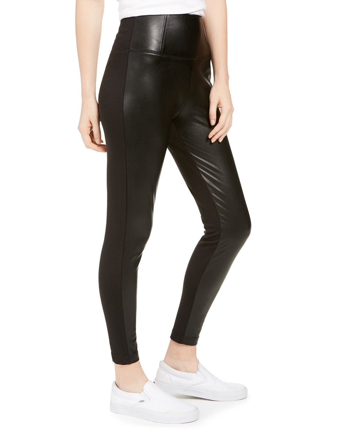 Leggings Topson de couro sintético com costas em malha ponte da Tinseltown Juniors, tamanho médio, pretas