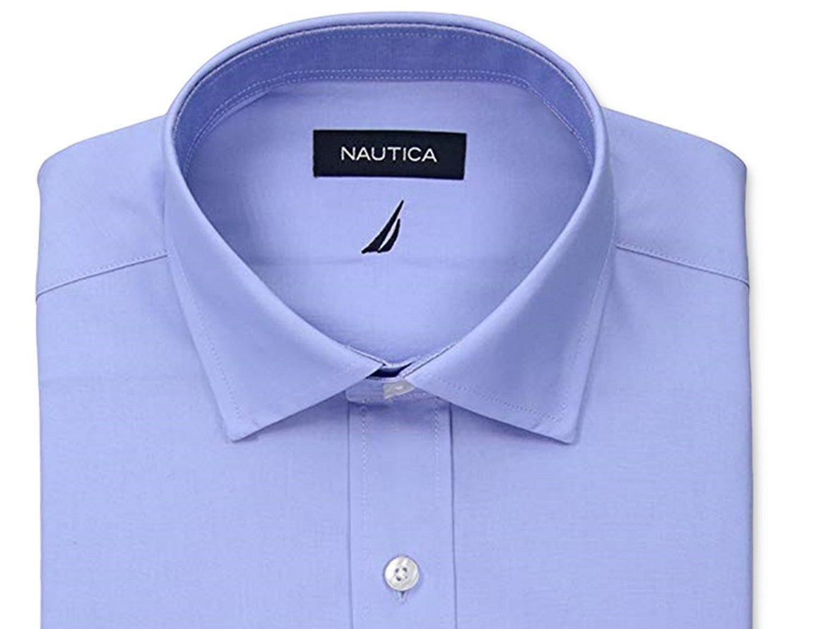 Camisa social masculina Nautica Regular Fit Comfort Stretch, branca e lisa, azul, tamanho 32-33