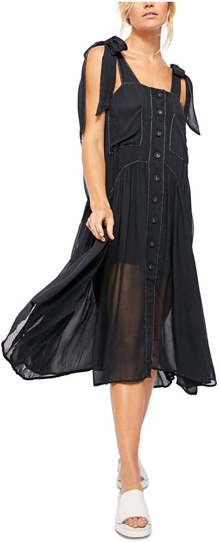 Vestido feminino Free People preto com botões e ajuste flare, tamanho pequeno, marinho