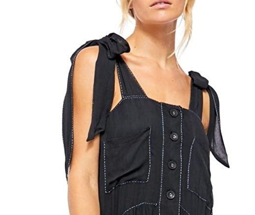 Vestido feminino Free People preto com botões e ajuste flare, tamanho pequeno, marinho