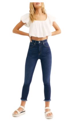 Legging jeans feminina Free People cintura alta, curta, bainha crua, azul marinho, tamanho 24