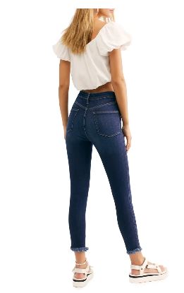 Legging jeans feminina Free People cintura alta, curta, bainha crua, azul marinho, tamanho 24