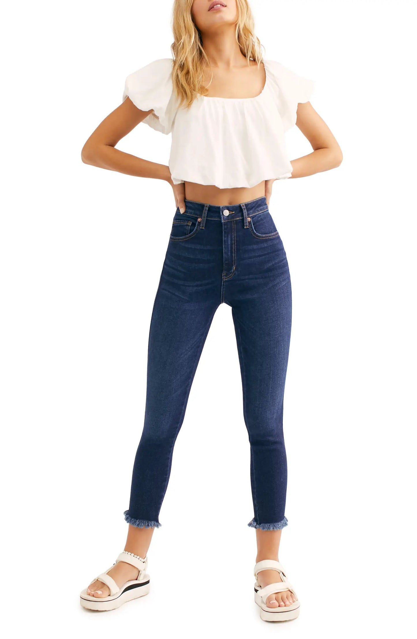 Leggings jeans femininas Free People de cintura alta com bainha crua, azul-marinho, tamanho 31