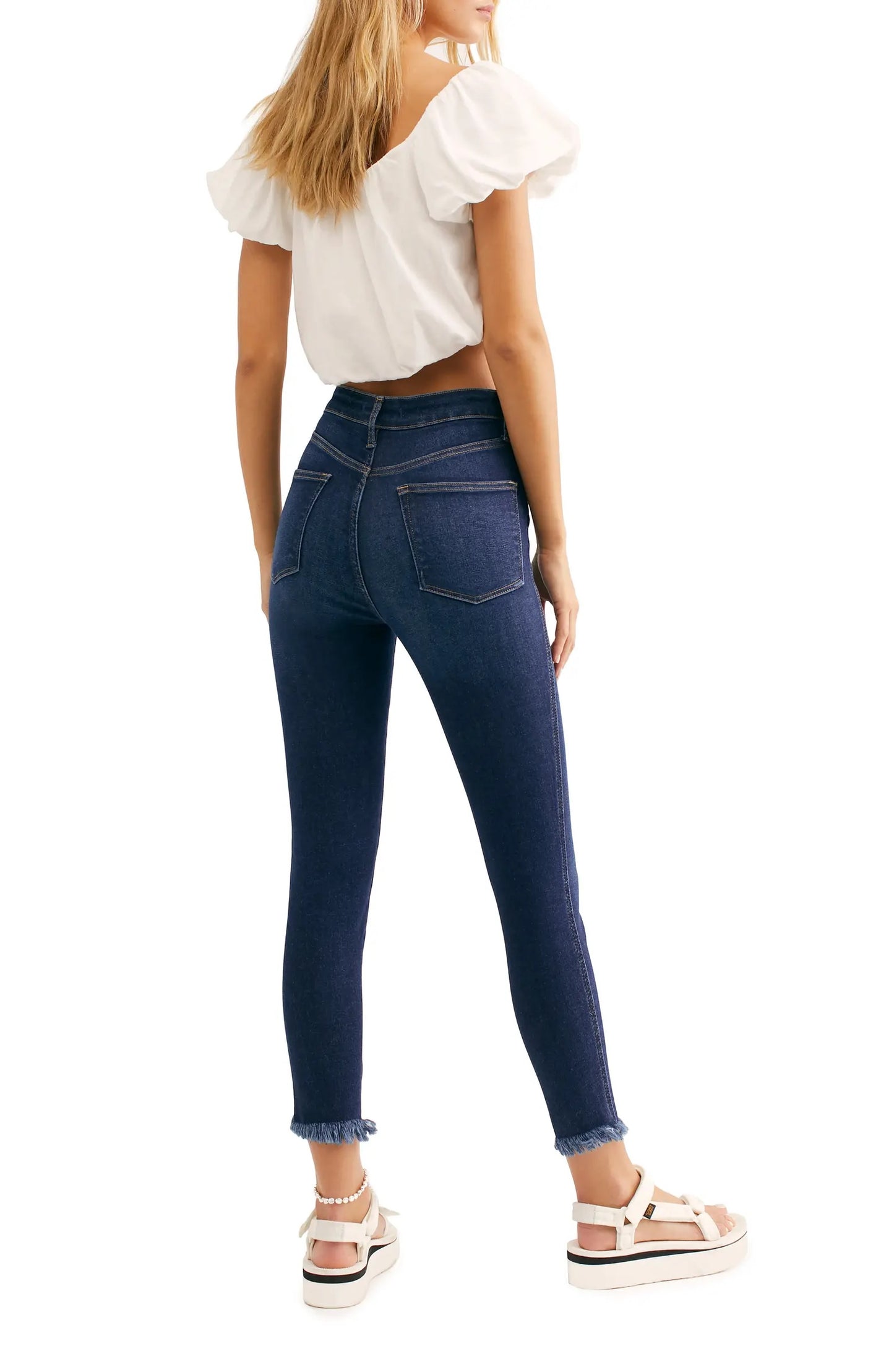 Leggings jeans femininas Free People de cintura alta com bainha crua, azul-marinho, tamanho 31
