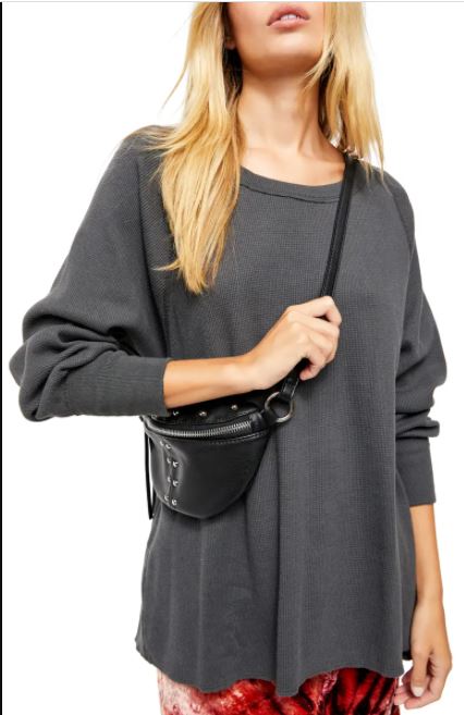 Blusa térmica feminina de malha waffle de algodão Amelia da Free People, preta, tamanho grande