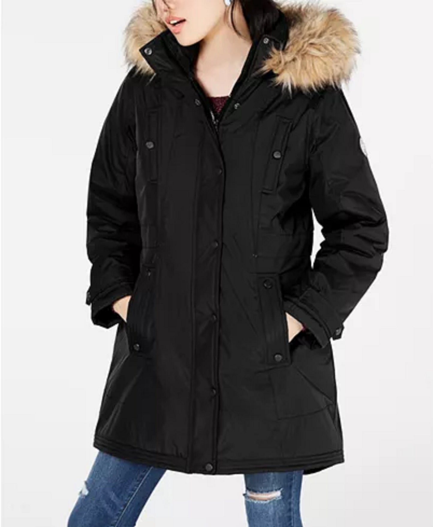 Parka com capuz e acabamento em pele sintética Madden Girl Juniors, preta, tamanho pequeno