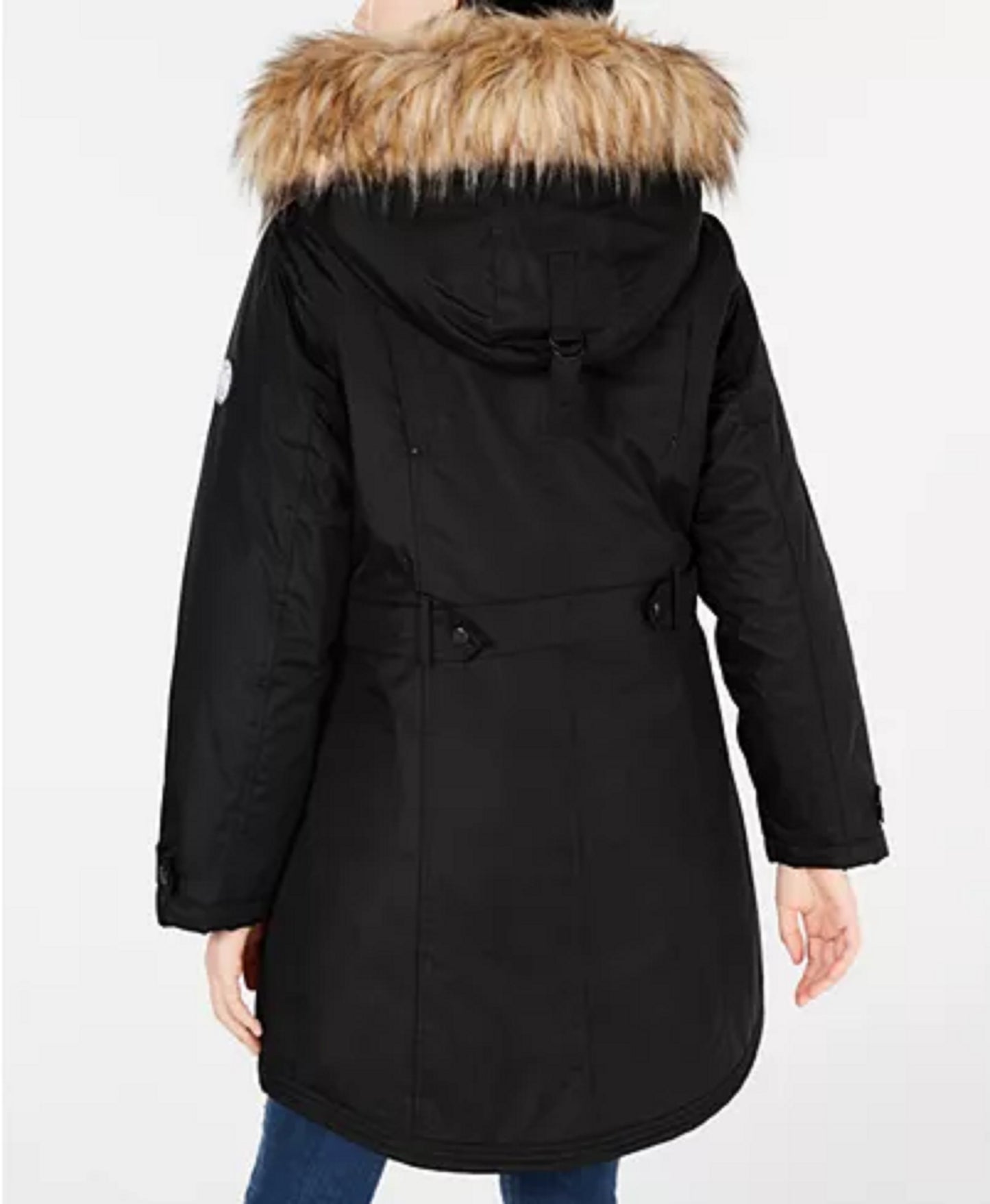 Parka com capuz e acabamento em pele sintética Madden Girl Juniors, preta, tamanho pequeno
