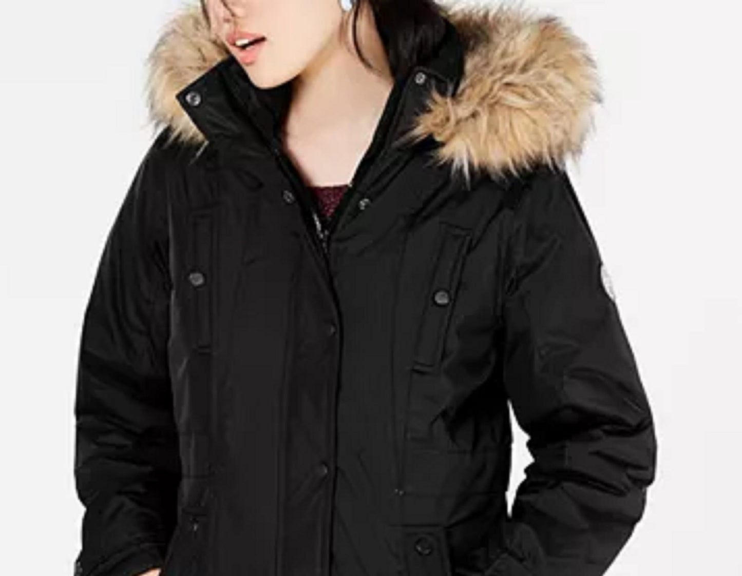 Parka com capuz e acabamento em pele sintética Madden Girl Juniors, preta, tamanho pequeno