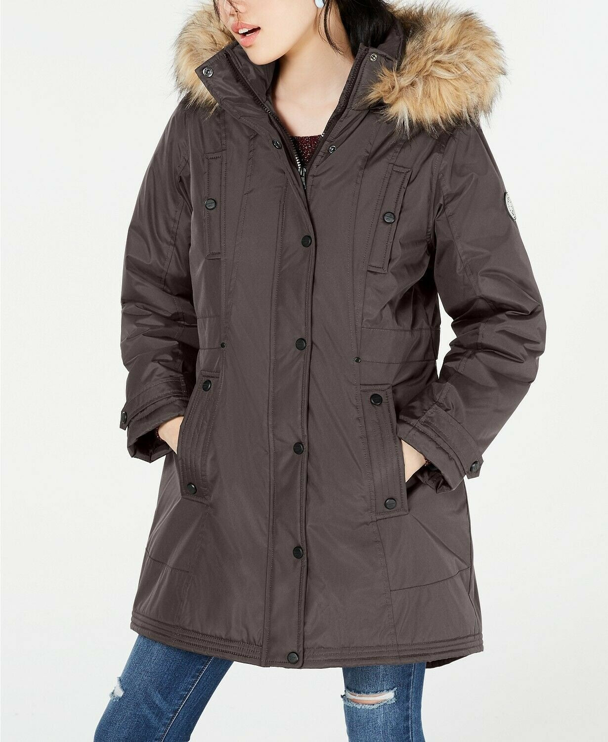 Casaco acolchoado com capuz Madden Girl Junior's Faux-Faux-Trim, cinza, tamanho pequeno