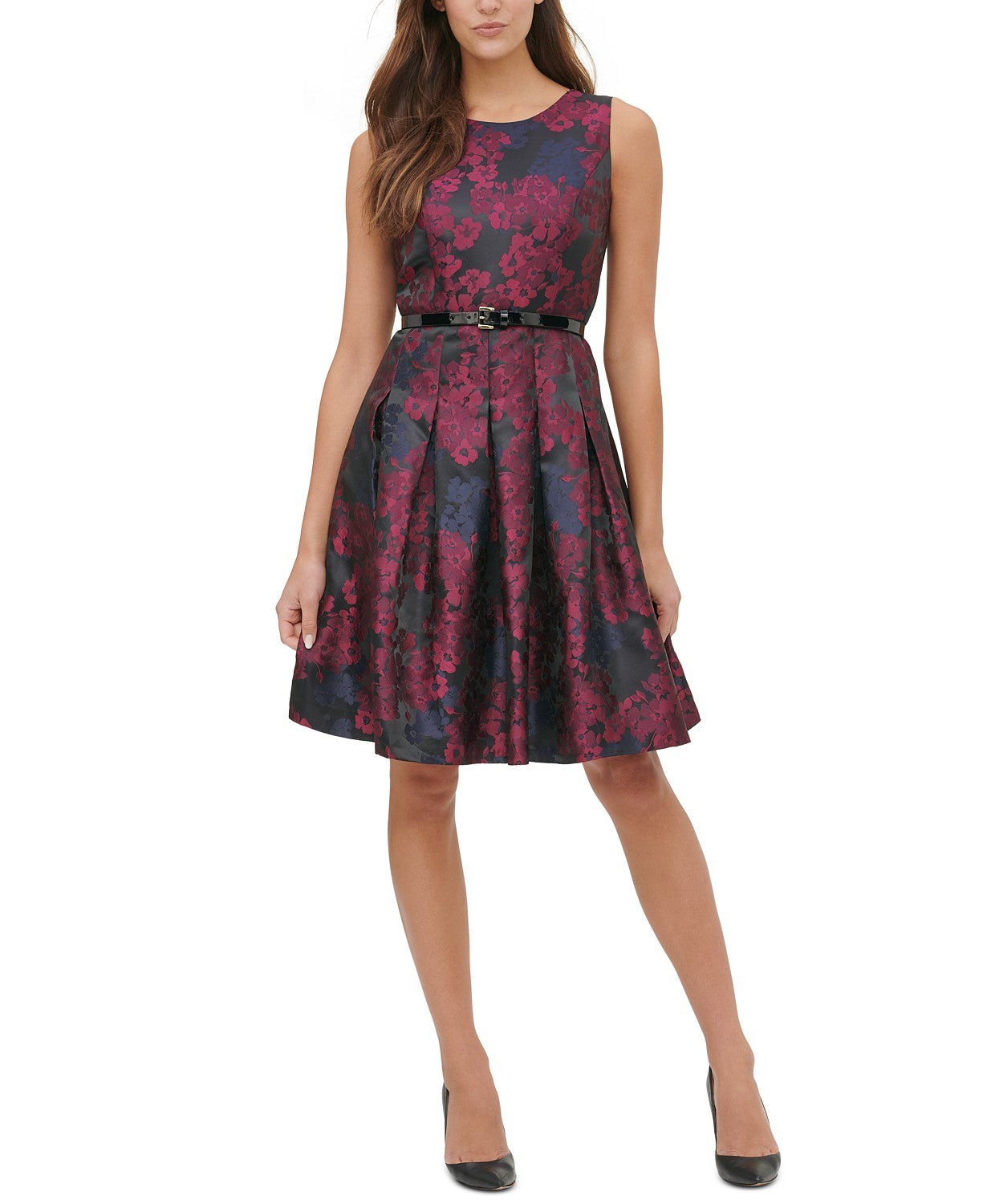 Vestido feminino Tommy Hilfiger Petite com cinto Jacquard Fit &amp; Flare, vinho, tamanho 8