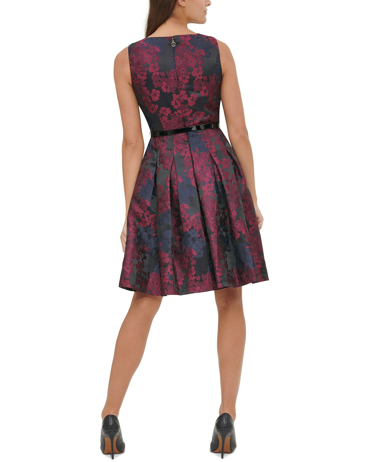 Vestido feminino Tommy Hilfiger Petite com cinto Jacquard Fit &amp; Flare, vinho, tamanho 8