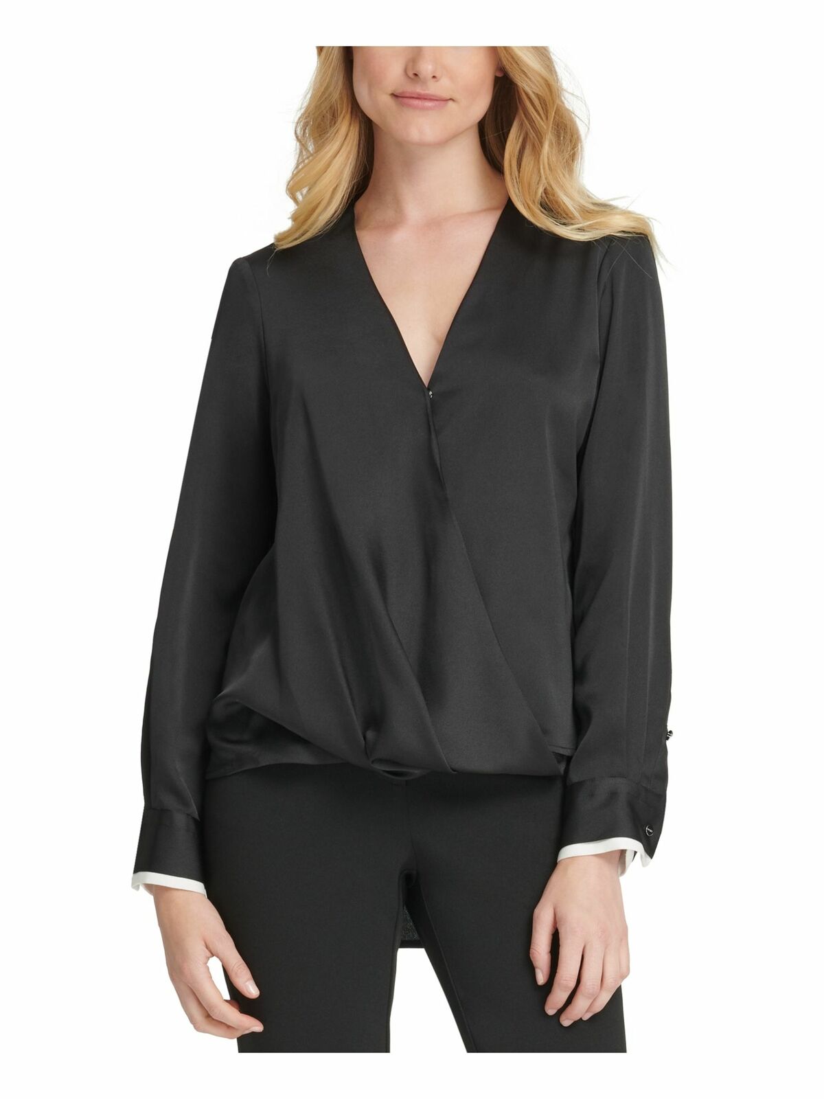 Top DKNY feminino com decote em V e amarração lateral, preto, tamanho extragrande
