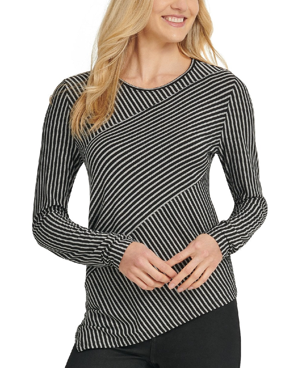 Blusa feminina DKNY com listras assimétricas, cinza, tamanho grande