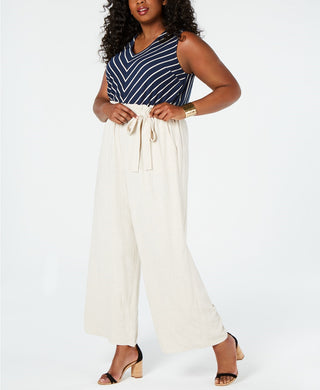 Macacão listrado plus size Monteau Juniors com blusa e calça Paperbag, azul marinho, tamanho 2X