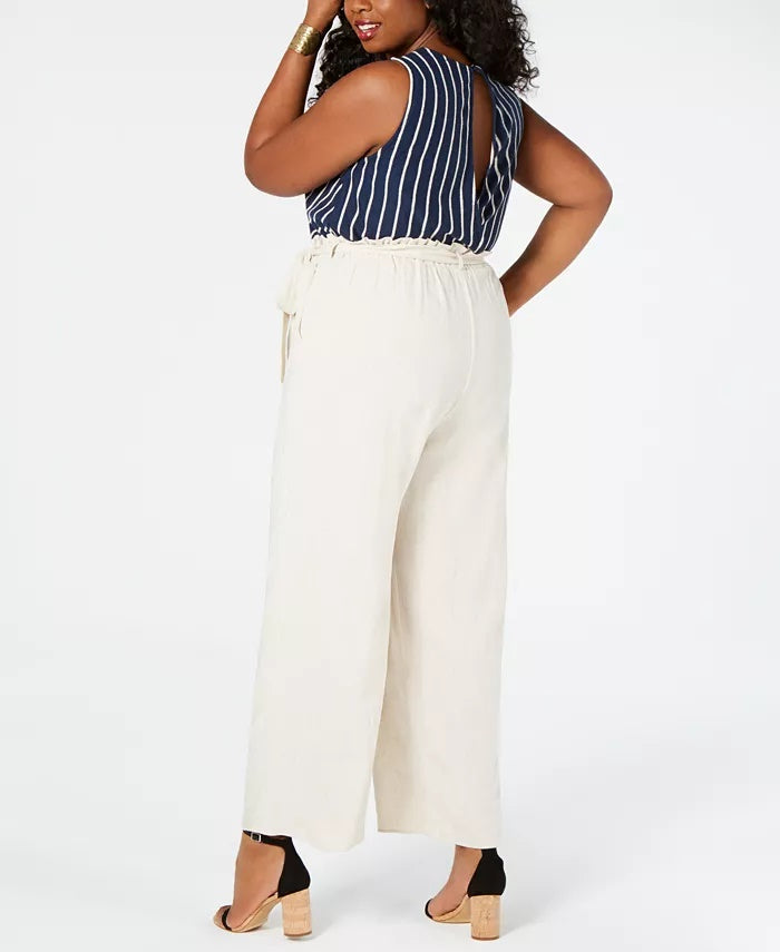 Macacão listrado plus size Monteau Juniors com blusa e calça Paperbag, azul marinho, tamanho 2X
