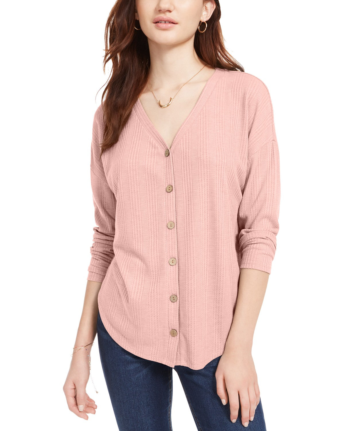 Blusa Hippie Rose Juniors com botões e amarração frontal, rosa, tamanho grande