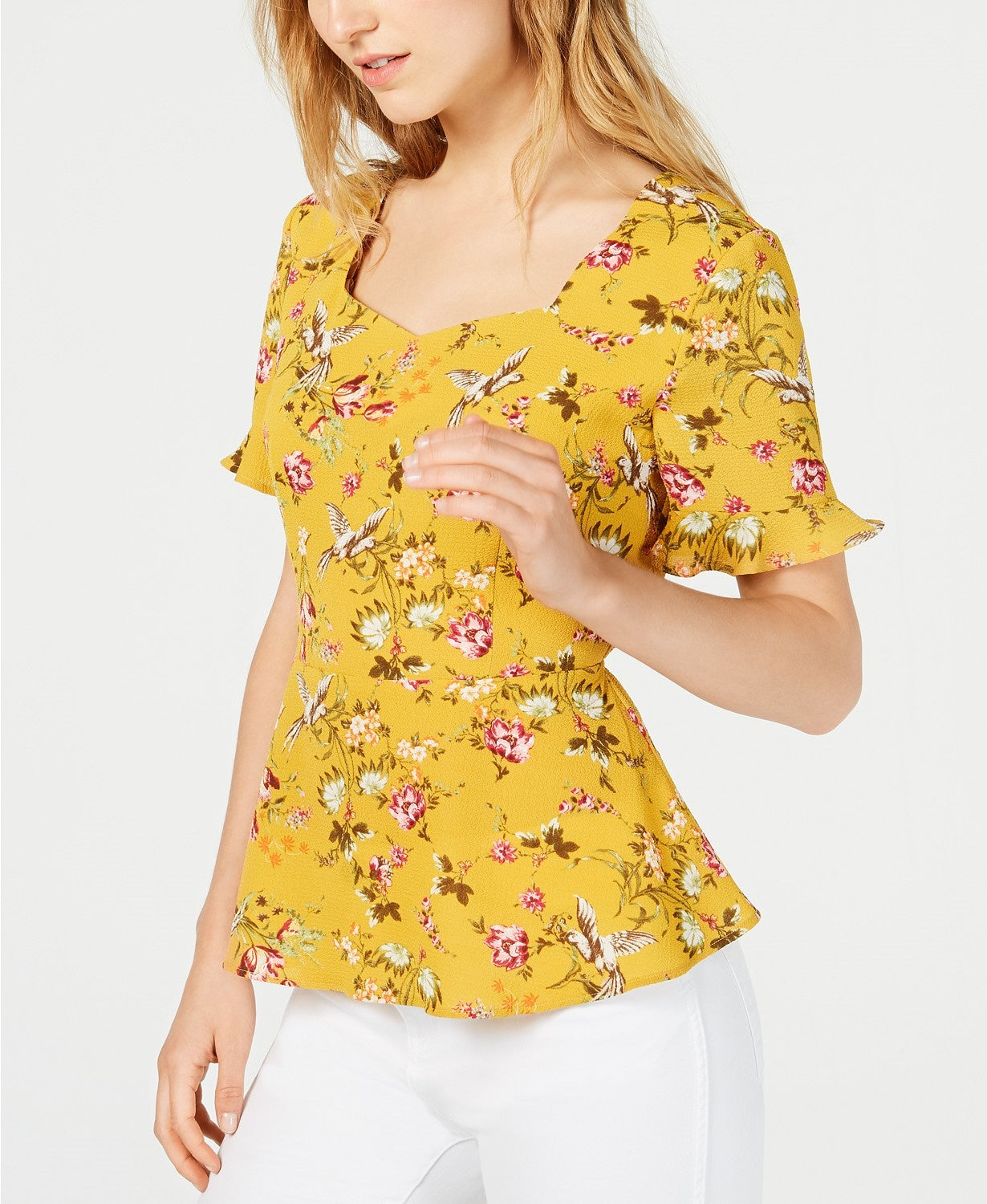 Top peplum feminino Monteau Petite com babados e acabamento mostarda tamanho Petite Large