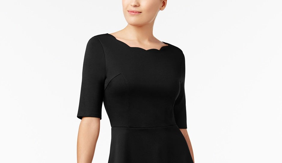Vestido Monteau Feminino com Decote Recortado e Ajuste Flare, Preto, Tamanho Pequeno e Extra Grande