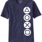 Camiseta gráfica masculina com botões do PlayStation, tamanho azul marinho, extra grande