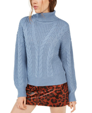 Crave Fame Women's  Juniors' Turtleneck Cable Knit Sweater Blue Size Large