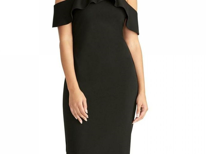 Vestido feminino com babados e ombros descobertos, tamanho XXG, preto, Rachel Rachel Roy