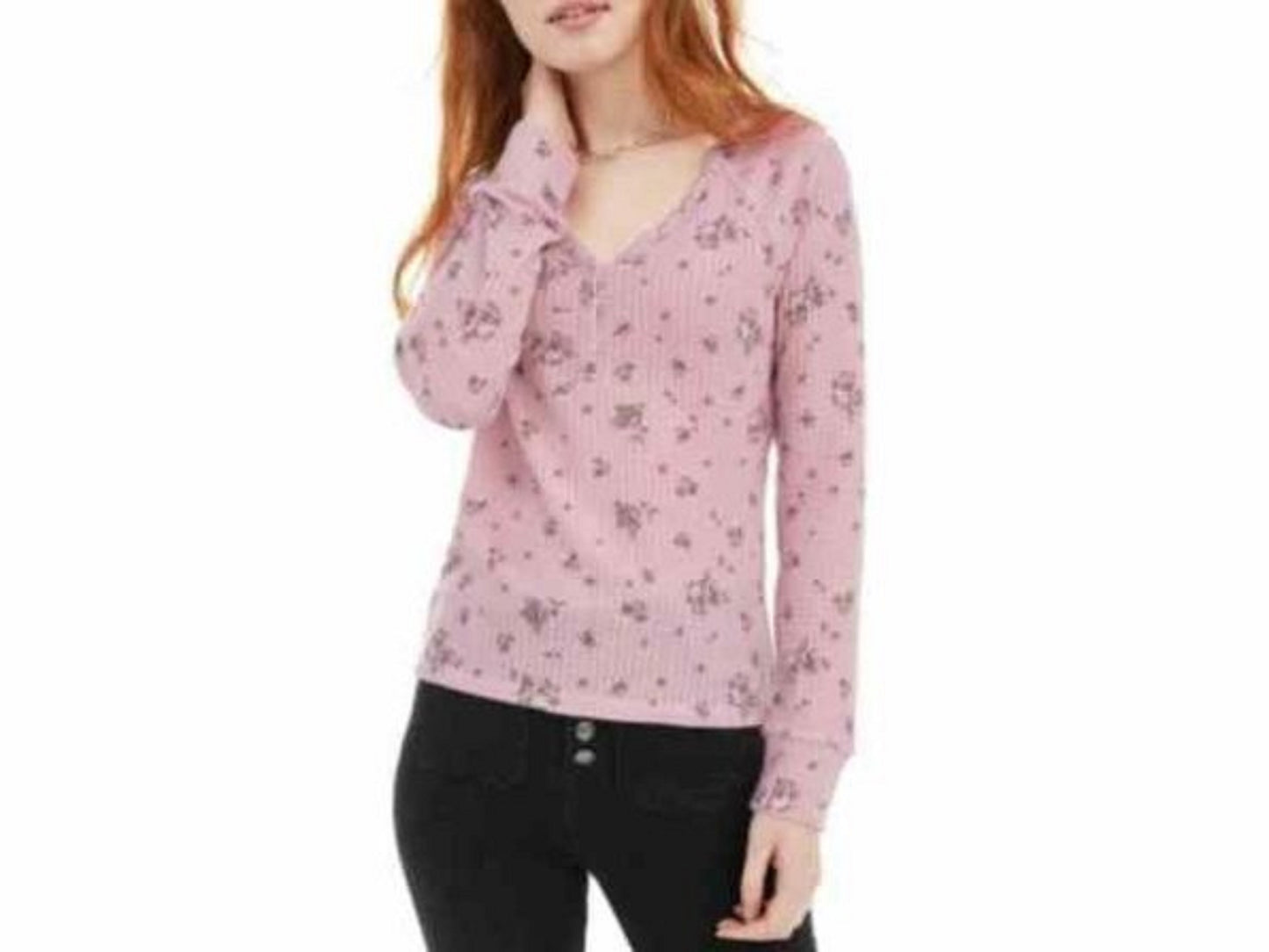 Blusa Henley com estampa floral e textura waffle Ultra Flirt Juniors, rosa, tamanho pequeno
