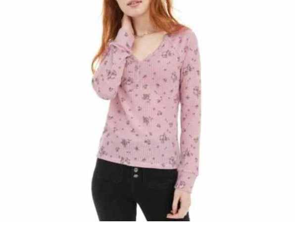 Blusa Henley com estampa floral e textura waffle Ultra Flirt Juniors, tamanho extra grande, rosa