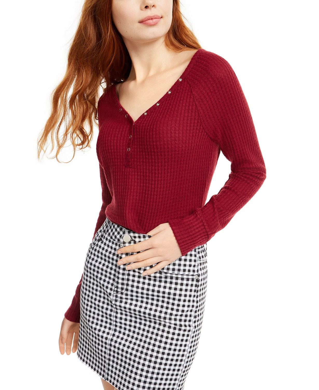 Blusa Henley de malha waffle aconchegante Ultra Flirt Juniors, vermelha, tamanho médio