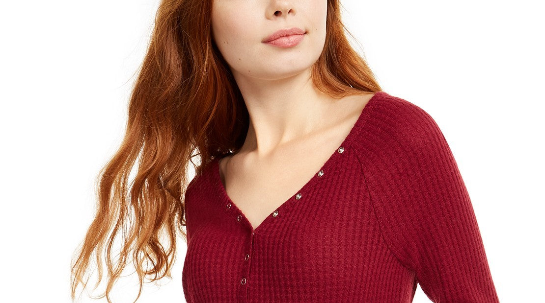 Blusa Henley de malha waffle aconchegante Ultra Flirt Juniors, vermelha, tamanho médio