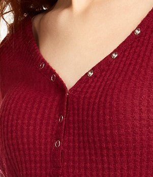 Blusa Henley de malha waffle aconchegante Ultra Flirt Juniors, vermelha, tamanho médio