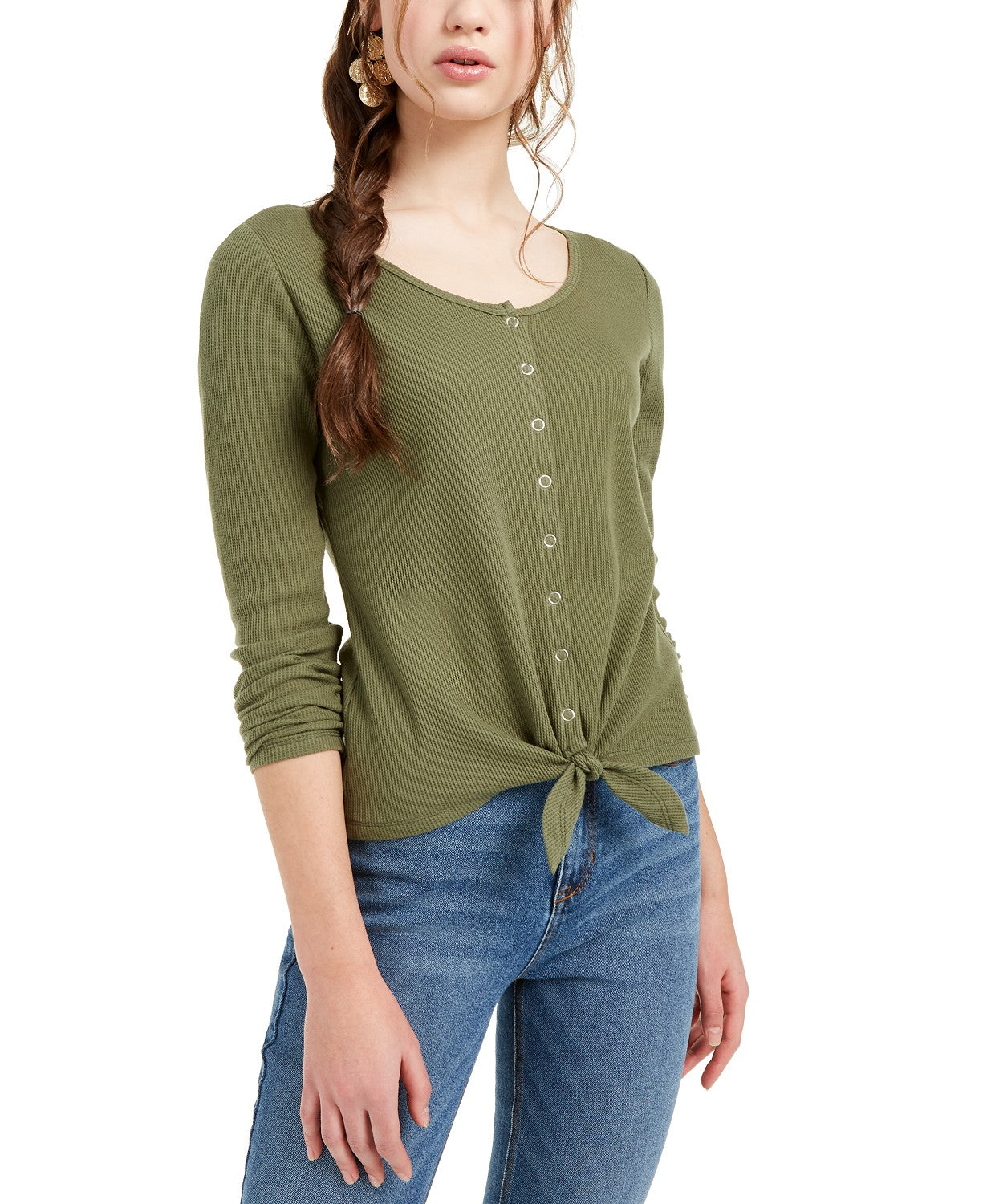 Blusa térmica feminina Ultra Flirt Junior com bainha amarrada, verde, tamanho pequeno