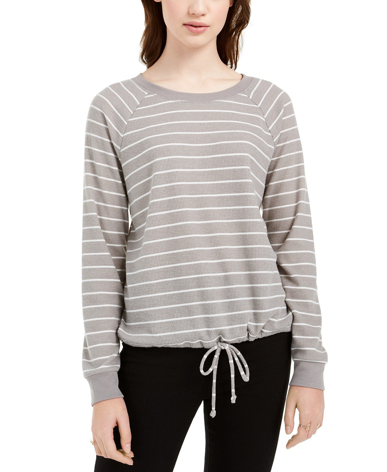 Blusa listrada com cordão e bainha Ultra Flirt Juniors, tamanho médio, cinza