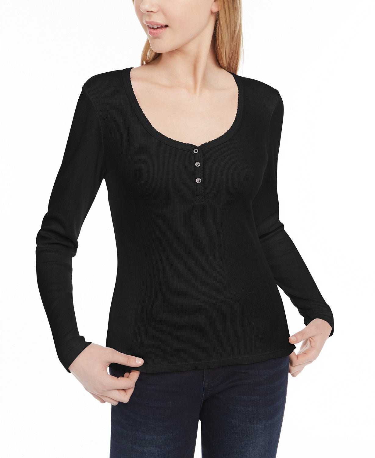 Ultra Flirt Juniors' Scallop-Edge Henley Preto Tamanho Médio