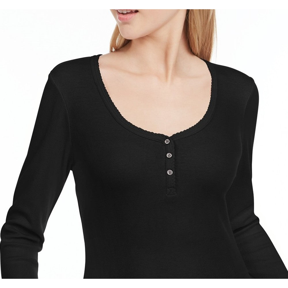 Ultra Flirt Juniors' Scallop-Edge Henley Preto Tamanho Pequeno