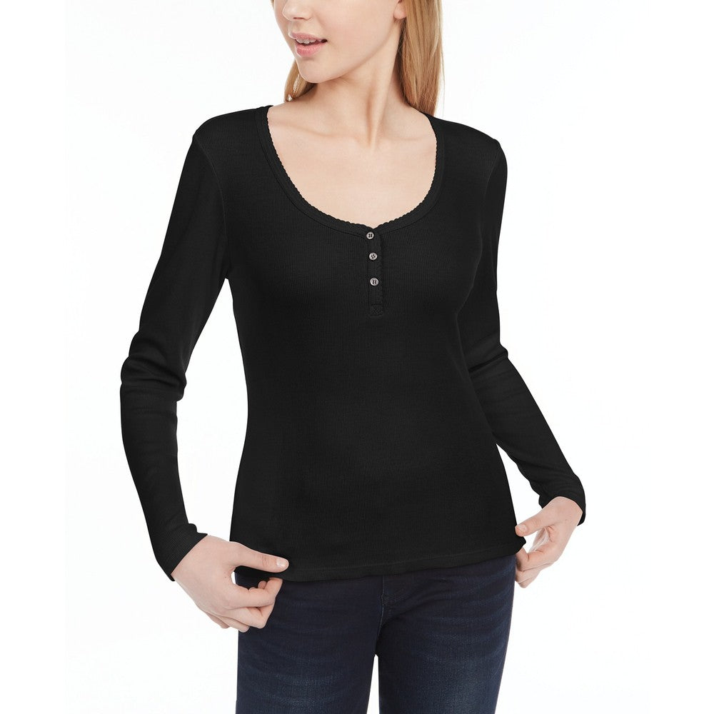 Ultra Flirt Juniors' Scallop-Edge Henley Preto Tamanho Pequeno