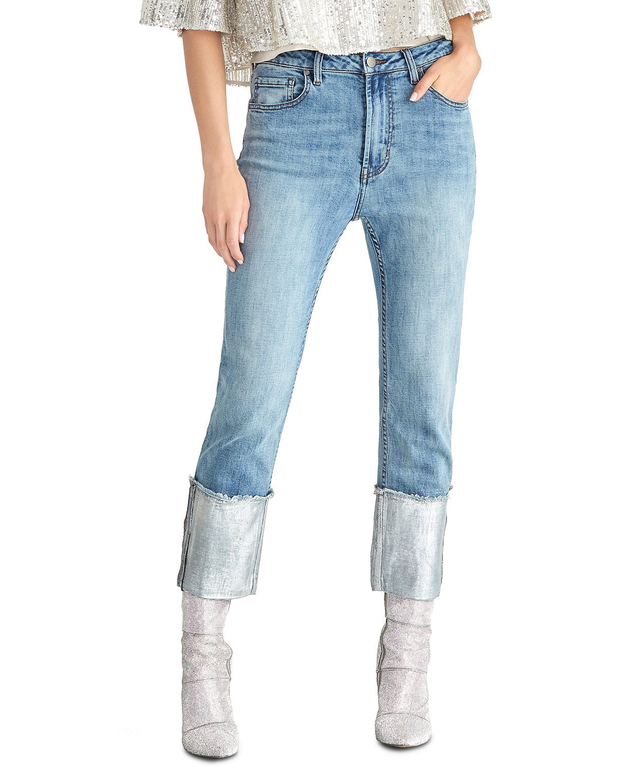 Calça jeans feminina Rachel Rachel Roy, reta, metálica, cintura alta, punho, azul brilhante, tamanho 24