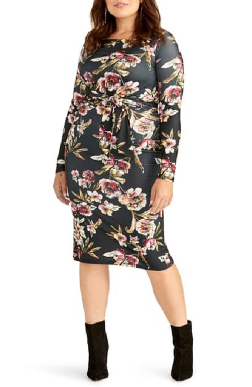 Vestido feminino Rachel Roy Plus com amarração na cintura e manga comprida, preto, tamanho 2X