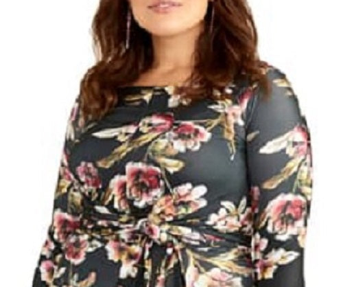 Vestido feminino Rachel Roy Plus com amarração na cintura e manga comprida, preto, tamanho 2X