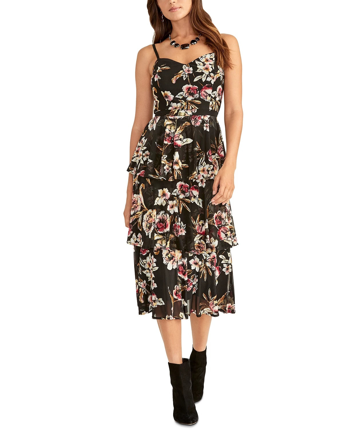 Vestido estampado Valia feminino Rachel Rachel Roy em camadas, preto, tamanho médio