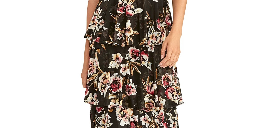 Vestido estampado Valia feminino Rachel Rachel Roy em camadas, preto, tamanho médio